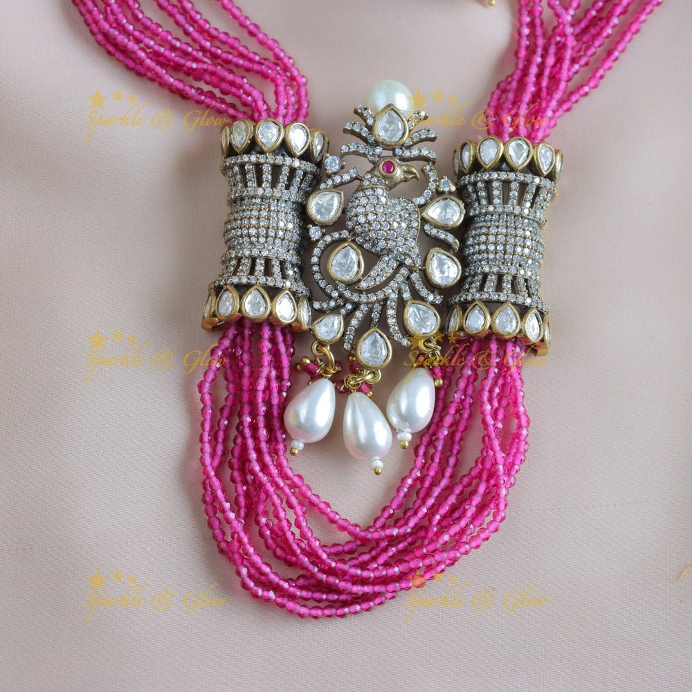 Stunning Victorian AD Peacock pendant Haram with Multilayered pink beads - Pink - Sparkle and Glow - 