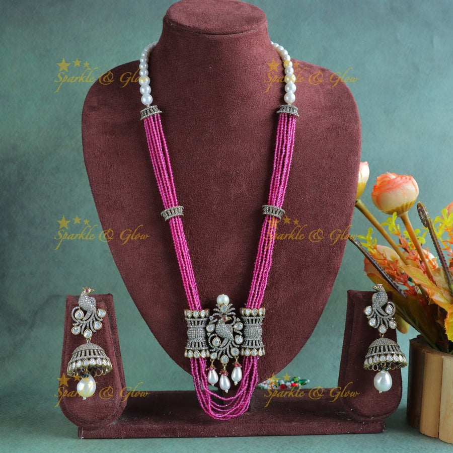 Stunning Victorian AD Peacock pendant Haram with Multilayered pink beads - Pink - Sparkle and Glow - 