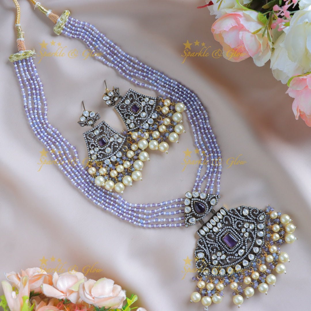 Stunning Rhombus Floral pendant carved Victorian AD haram - Lavender - Sparkle and Glow - 