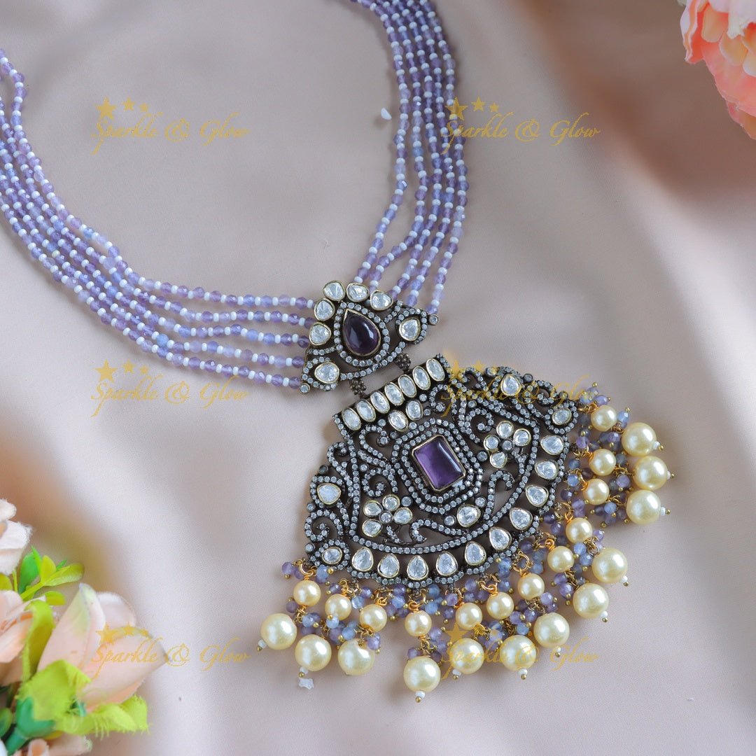 Stunning Rhombus Floral pendant carved Victorian AD haram - Lavender - Sparkle and Glow - 