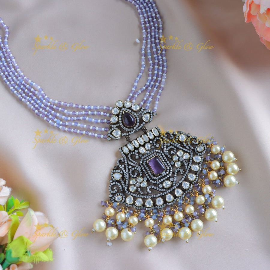 Stunning Rhombus Floral pendant carved Victorian AD haram - Lavender - Sparkle and Glow - 