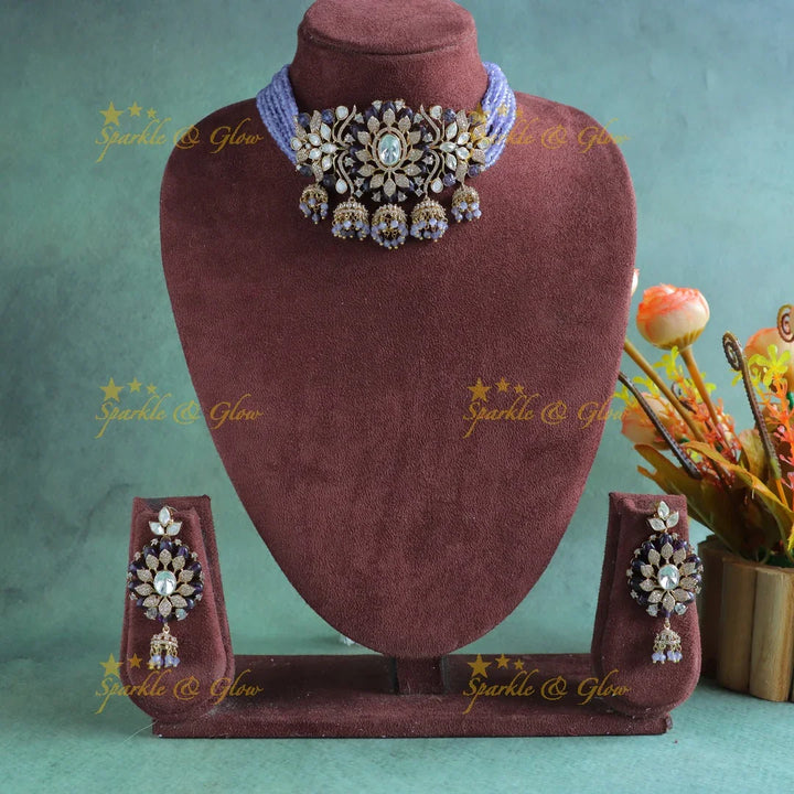 Gracious Floral Leaf pendant carved Victorian AD choker with jhumuka hanging-Lavender - Sparkle and Glow