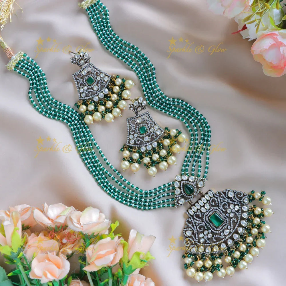 Stunning Rhombus Floral pendant carved Victorian AD haram-Green - Sparkle and Glow