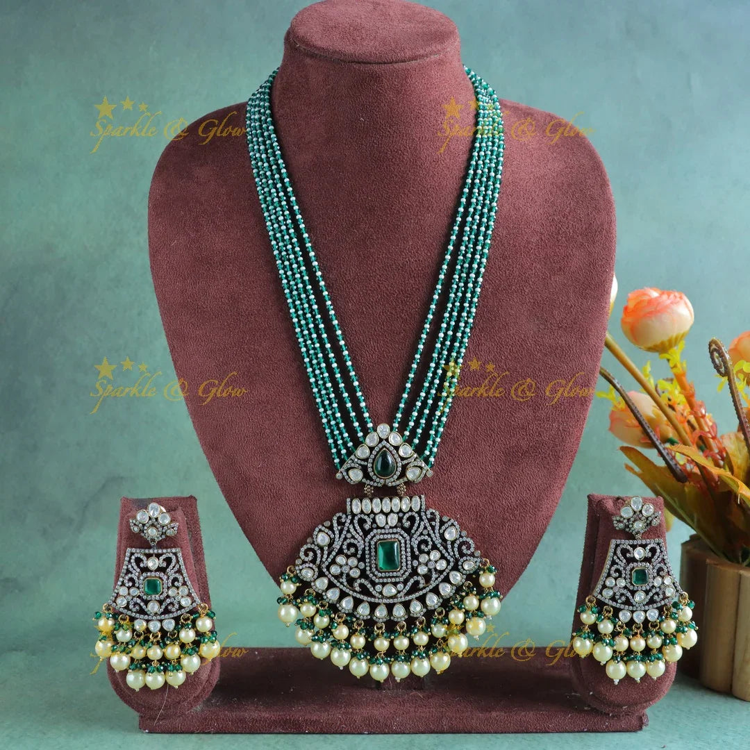 Stunning Rhombus Floral pendant carved Victorian AD haram-Green - Sparkle and Glow