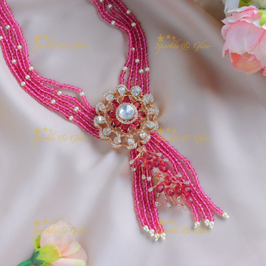 Sparkling Flower pendant carved Victorian AD Haram with multilayered beads - Pink - Sparkle and Glow - 