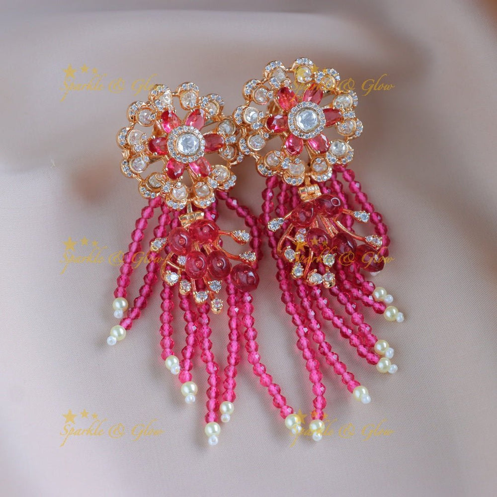 Sparkling Flower pendant carved Victorian AD Haram with multilayered beads - Pink - Sparkle and Glow - 