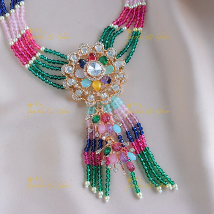 Sparkling Flower pendant carved Victorian AD Haram with multilayered beads-Navarathna - Sparkle and Glow