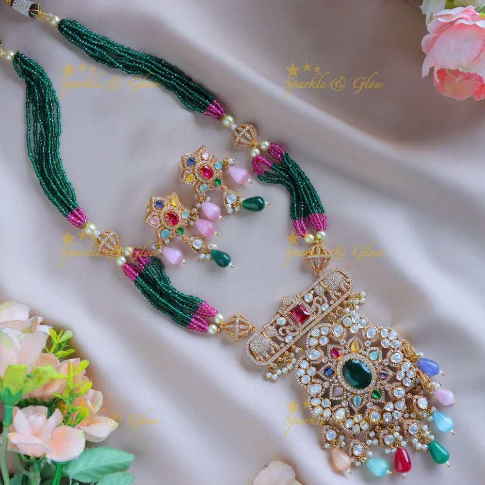 Exclusive Star Floral Elephant carved Victorian AD Haram with multilayered beads - Navarathna - Sparkle and Glow - Back Thread - 