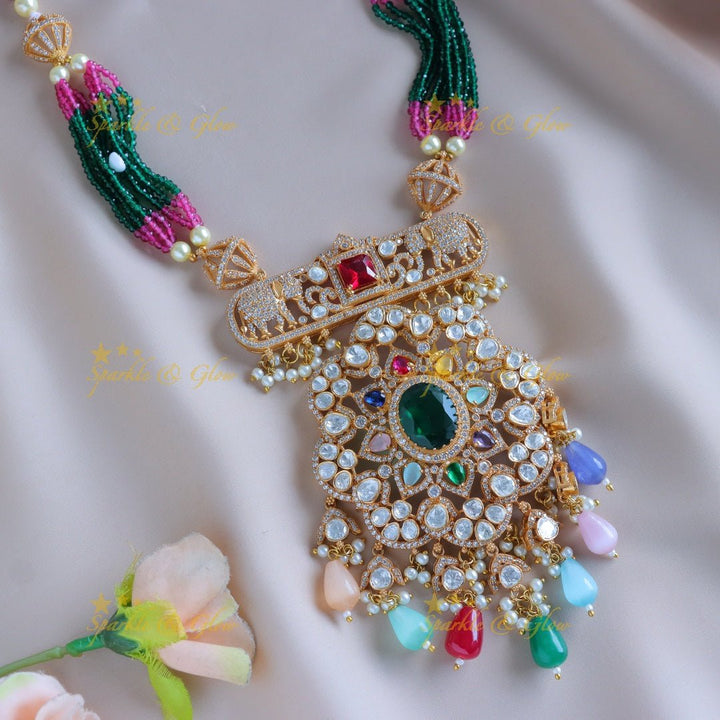 Exclusive Star Floral Elephant carved Victorian AD Haram with multilayered beads - Navarathna - Sparkle and Glow - Back Thread - 