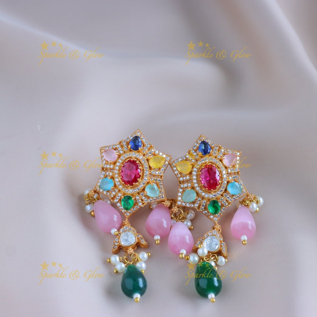 Exclusive Star Floral Elephant carved Victorian AD Haram with multilayered beads - Navarathna - Sparkle and Glow - Back Thread - 