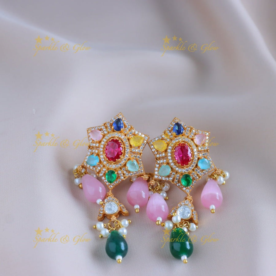 Exclusive Star Floral Elephant carved Victorian AD Haram with multilayered beads - Navarathna - Sparkle and Glow - Back Thread - 