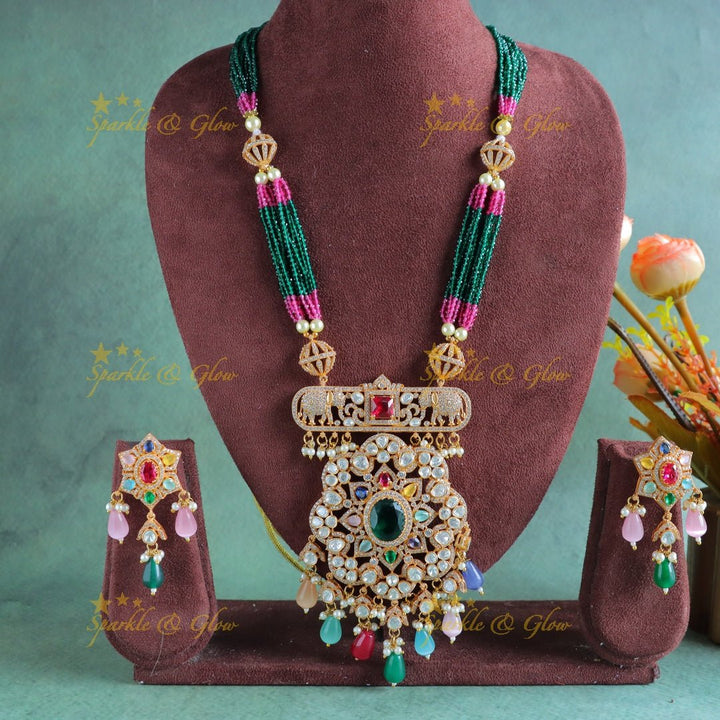Exclusive Star Floral Elephant carved Victorian AD Haram with multilayered beads - Navarathna - Sparkle and Glow - Back Thread - 