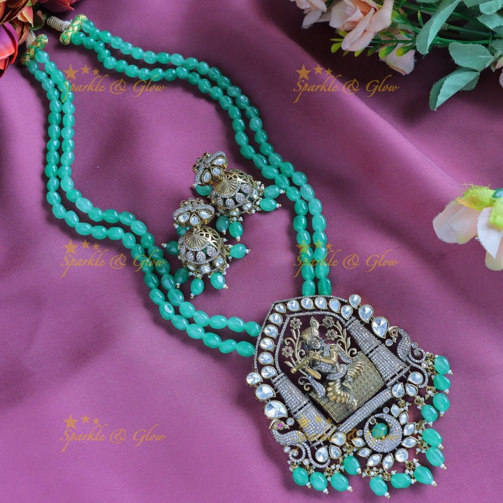 Stunning Idol Krishna in Vrindavan pendant carved Victorian AD Haram - Sparkle and Glow - Back Thread - 