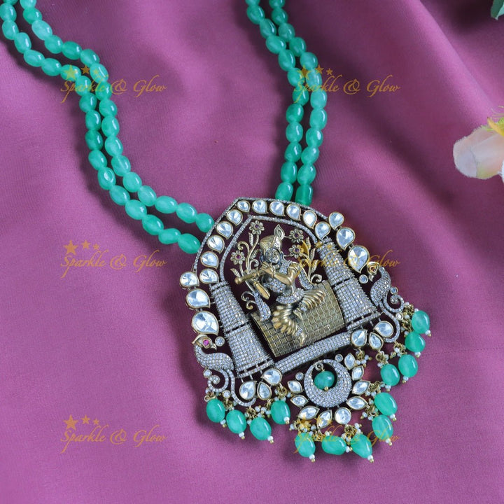 Stunning Idol Krishna in Vrindavan pendant carved Victorian AD Haram - Sparkle and Glow - Back Thread - 