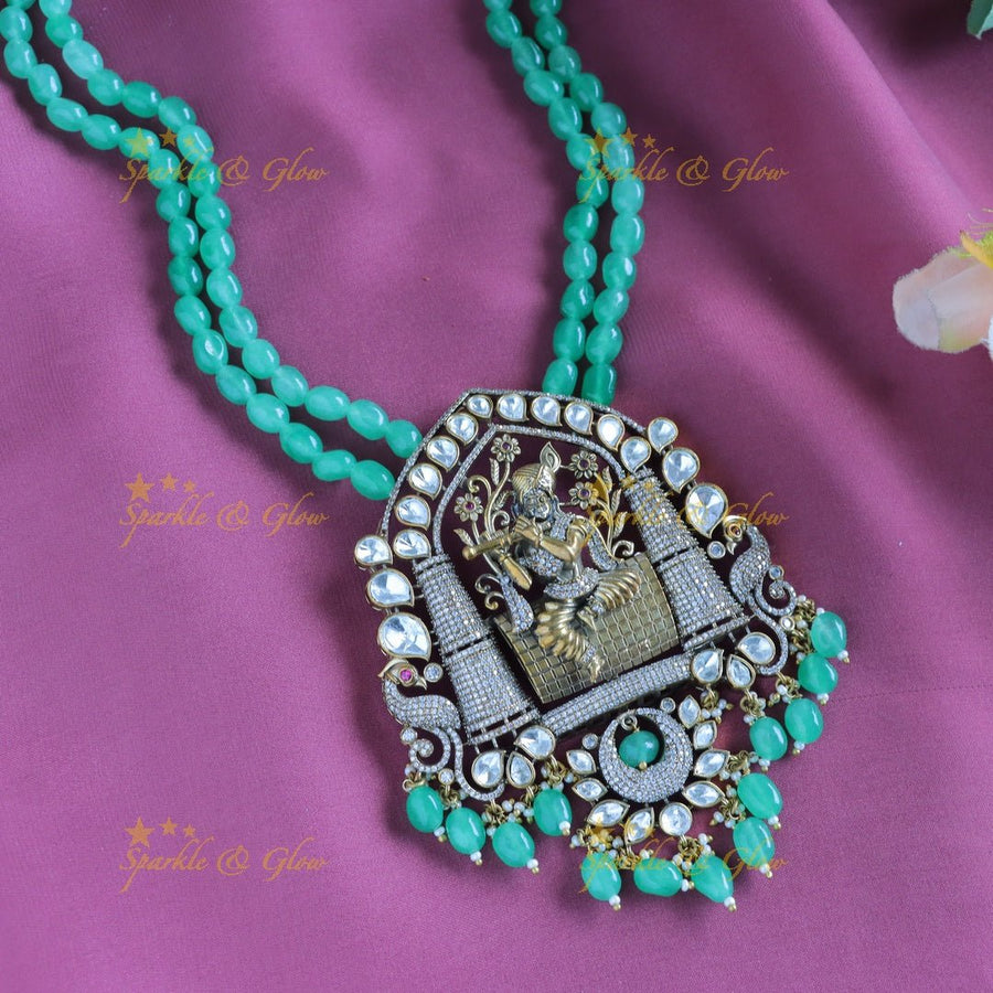 Stunning Idol Krishna in Vrindavan pendant carved Victorian AD Haram - Sparkle and Glow - Back Thread - 
