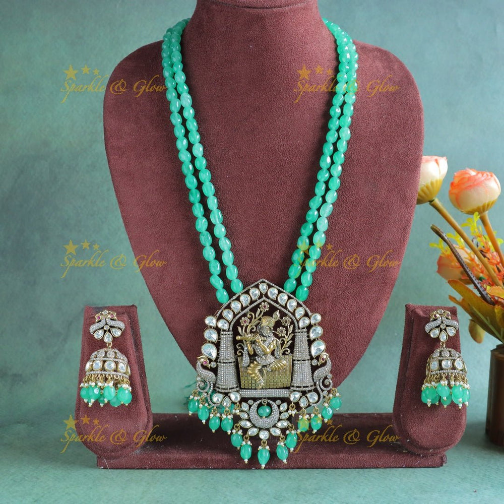 Stunning Idol Krishna in Vrindavan pendant carved Victorian AD Haram - Sparkle and Glow - Back Thread - 