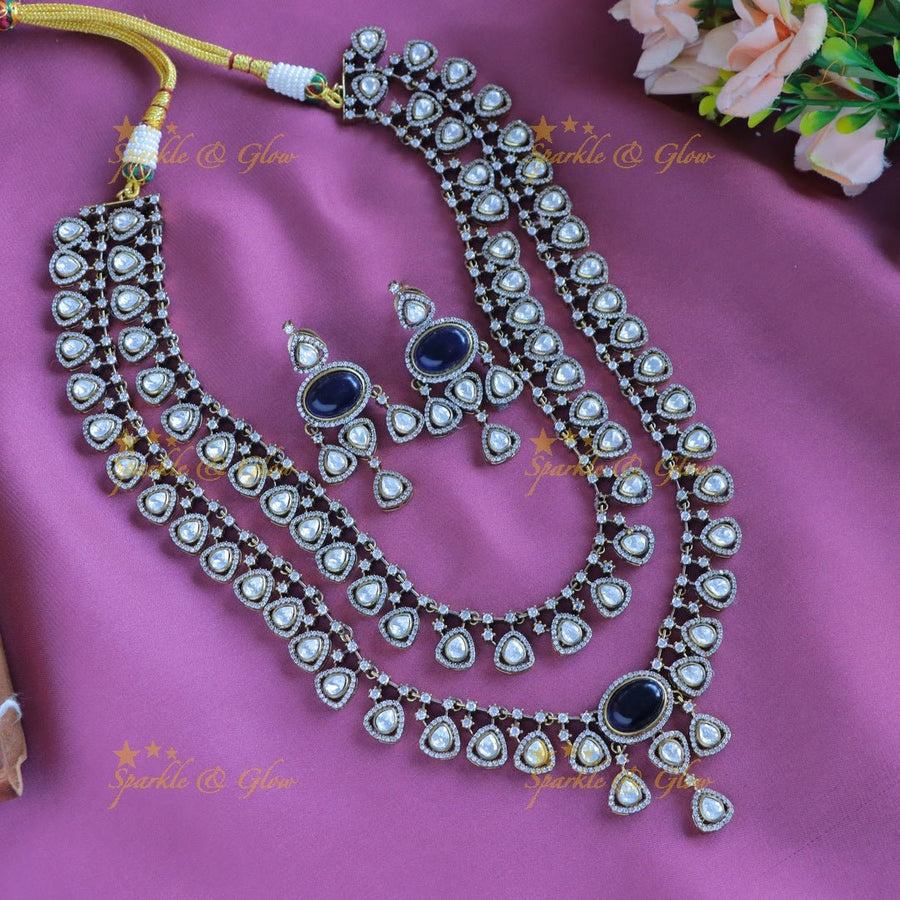 Sparkling Kundan Oval design carved Victorian AD layered Haram - Blue - Sparkle and Glow - 