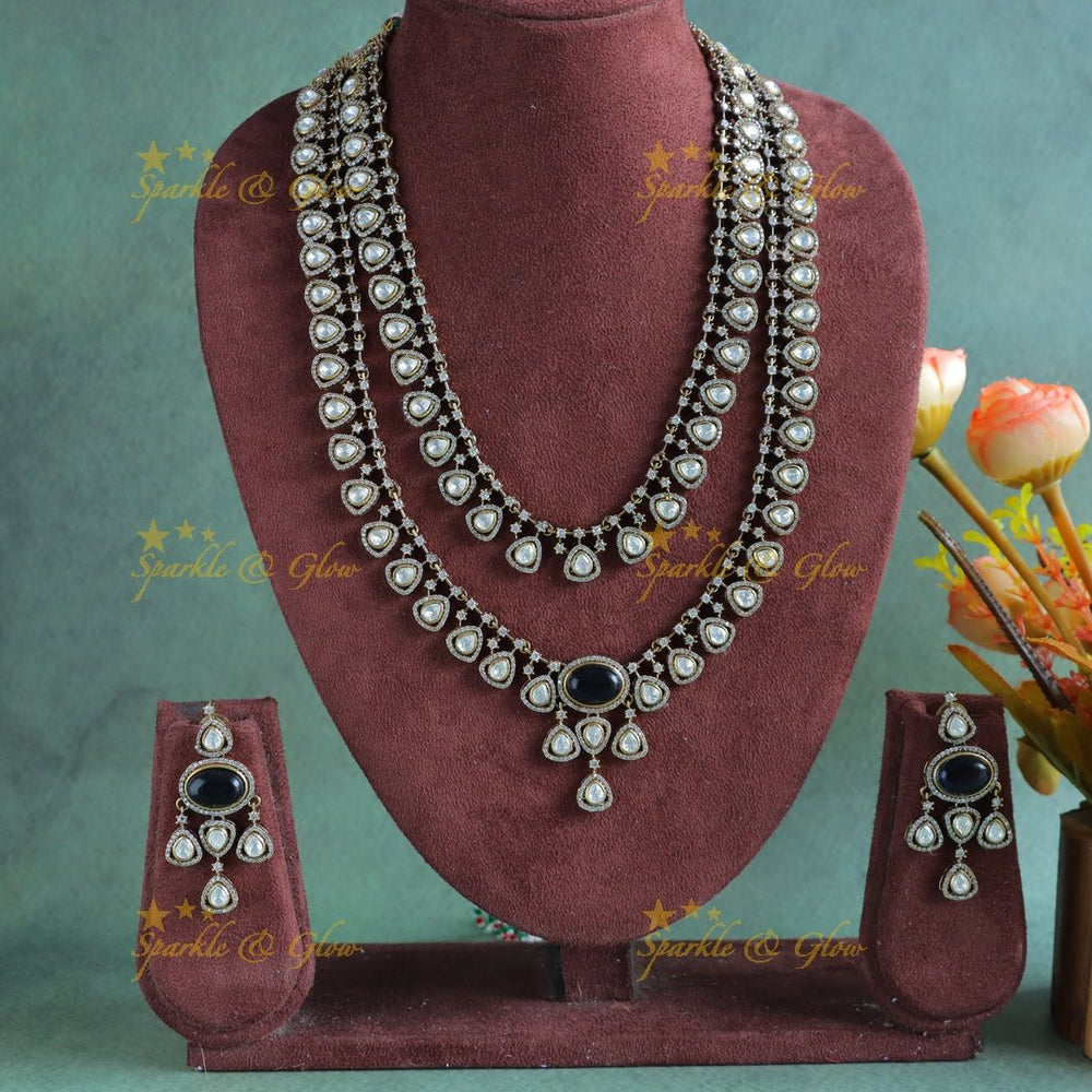 Sparkling Kundan Oval design carved Victorian AD layered Haram - Blue - Sparkle and Glow - 
