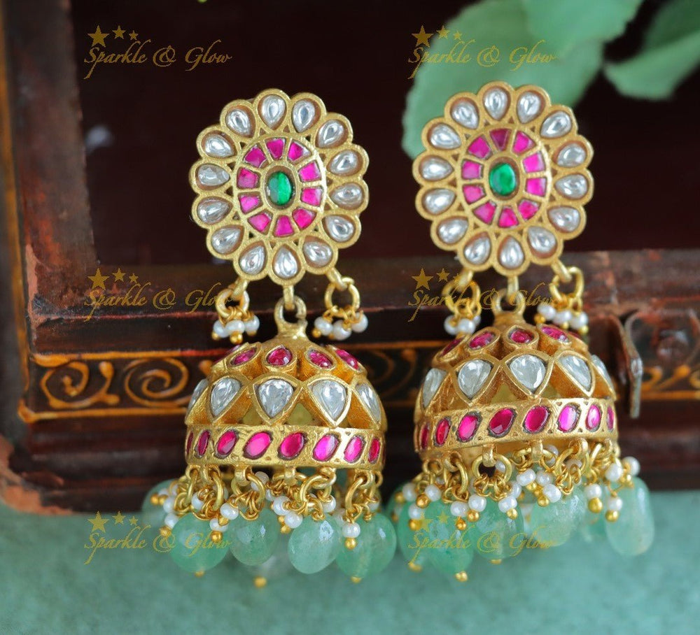 Real Jadau Kundan Floral Studded jhumukas with Mintgreen beads - Sparkle and Glow - Mintgreen - 