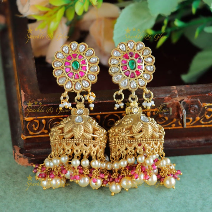 Real Jadau Kundan Floral Studded jhumukas with Mintgreen beads - Sparkle and Glow - Pearl - 