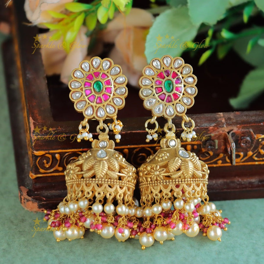 Real Jadau Kundan Floral Studded jhumukas with Mintgreen beads - Sparkle and Glow - Mintgreen - 