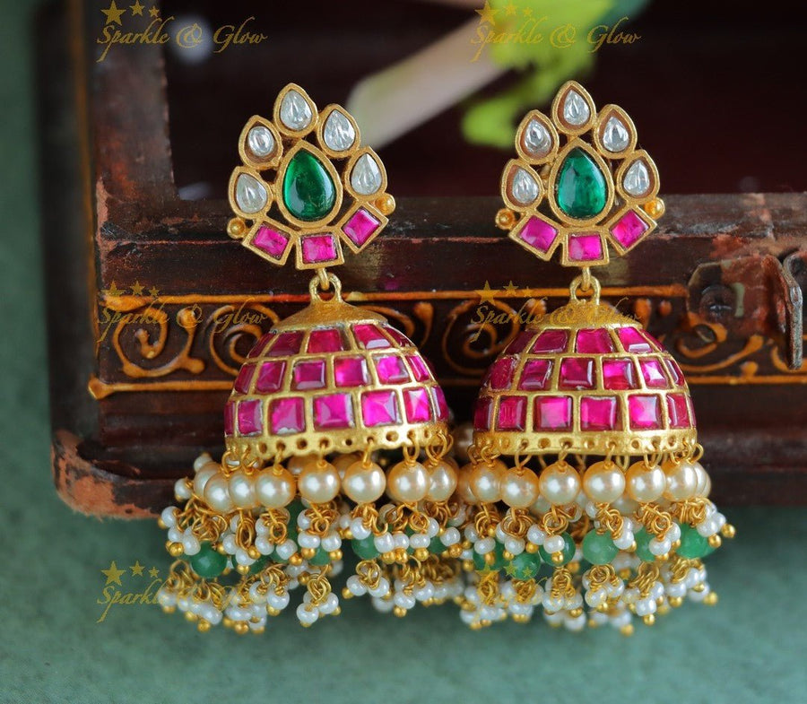 Stunning Oval Floral Jadau Kundan Jhumukas with Mintgreen beads and pearls - Sparkle and Glow - 