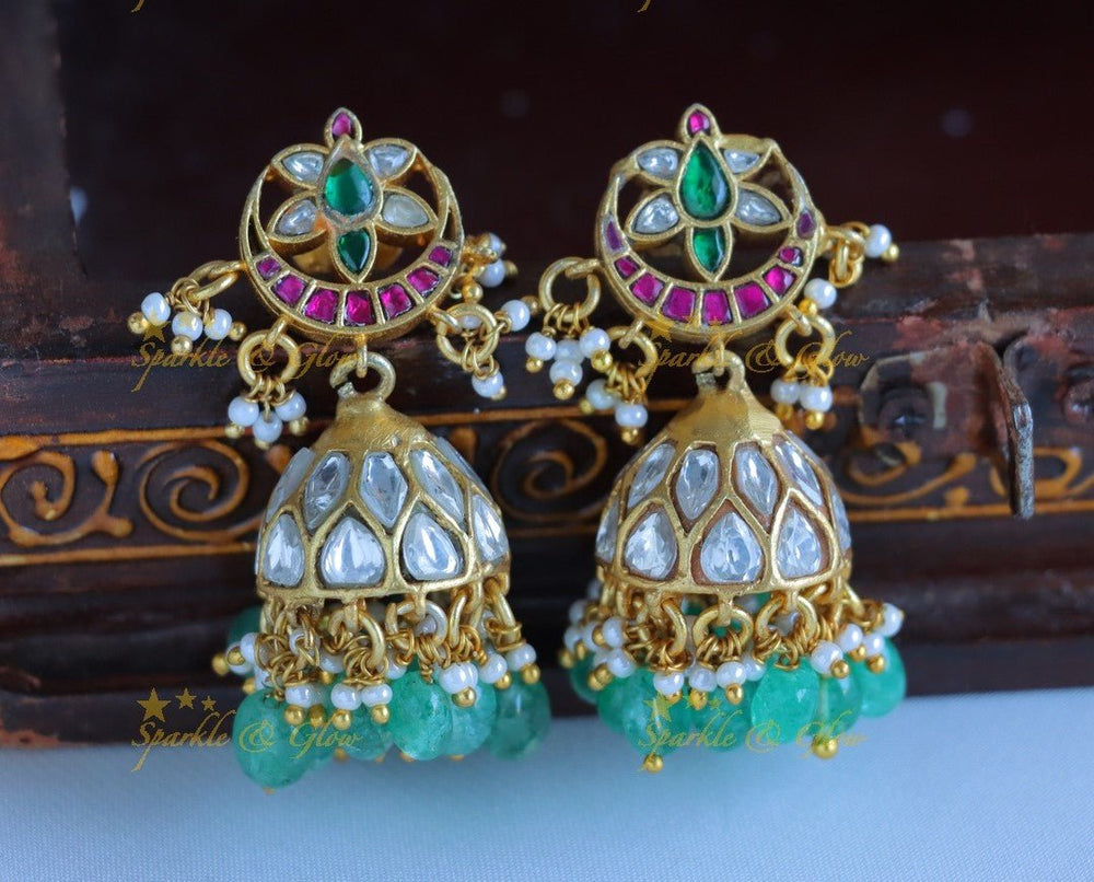 Stunning Half moon Floral studded Jadau Kundan jhumukas - Pearl - Sparkle and Glow - Green - 