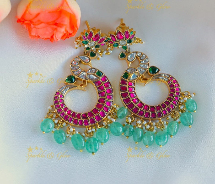Grand Real Jadau Kundan Lotus Peacock Jhumukas with green beads - Sparkle and Glow - 
