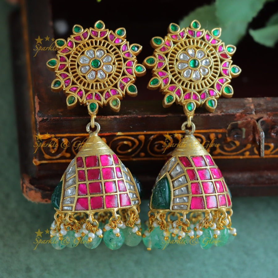 Real Jadau Kundan Sunflower Studded jhumukas - Sparkle and Glow - 