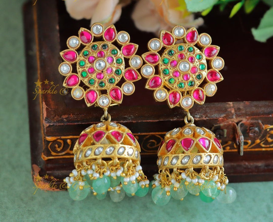 Real Jadau Kundan floral Jhumukas with green beads - Sparkle and Glow - 