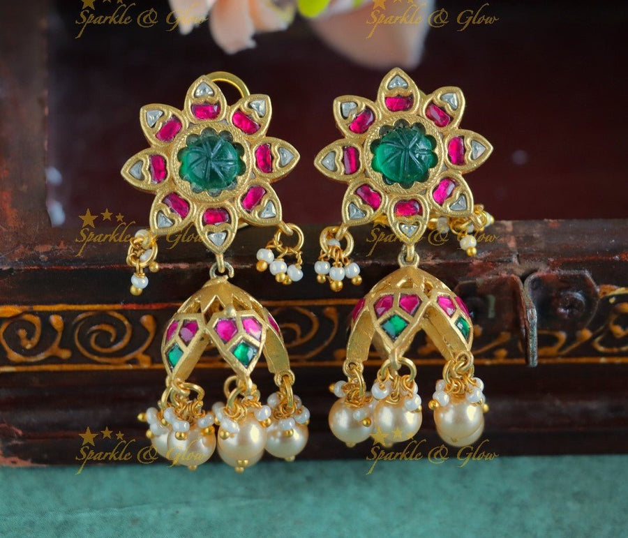 Stunning Star Floral Leaf design Jadau Kundan Jhumukas with pearls - Sparkle and Glow - 