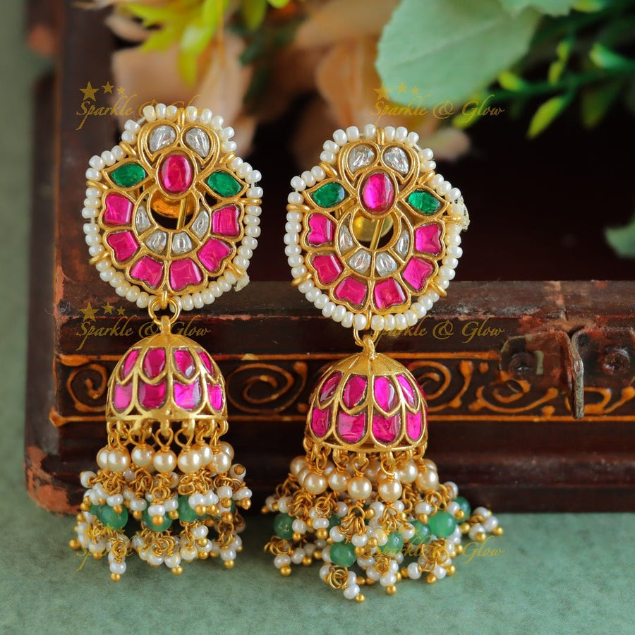 Intricately carved Leaf Floral design Jadau Kundan Jhumukas - Sparkle and Glow - 