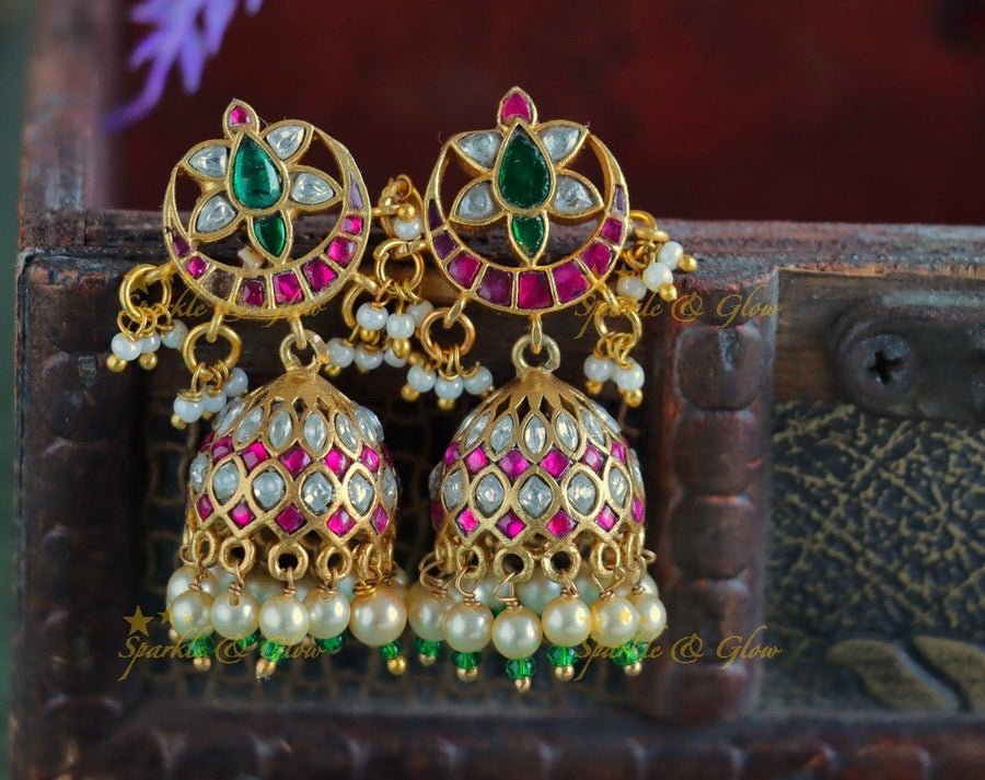 Stunning Half moon Floral studded Jadau Kundan jhumukas - Pearl - Sparkle and Glow - Pearl - 