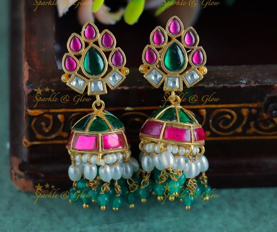 Real Jadau Oval and Square Floral Studded Jadau Kundan Jhumukas with Rice pearls and green beads - Sparkle and Glow - 