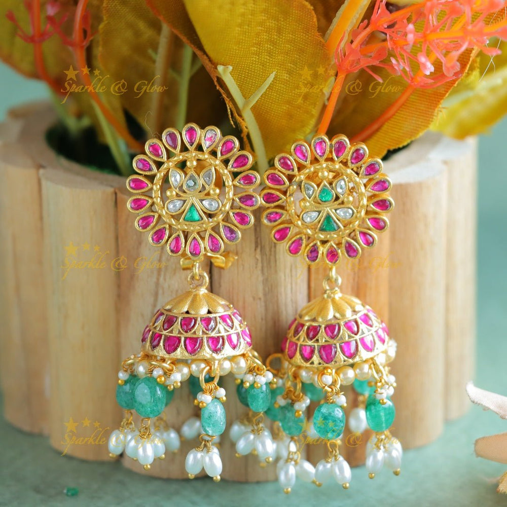 Stunning Lotus Floral Jadau Kundan Jhumukas with Ricepearls and green beads - Sparkle and Glow - 
