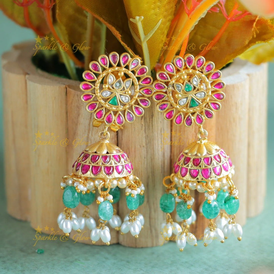 Stunning Lotus Floral Jadau Kundan Jhumukas with Ricepearls and green beads - Sparkle and Glow - 