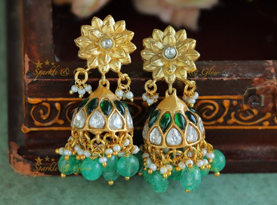 Gracious Sunflower design Jadau Kundan Jhumukas with green beads - Sparkle and Glow - 