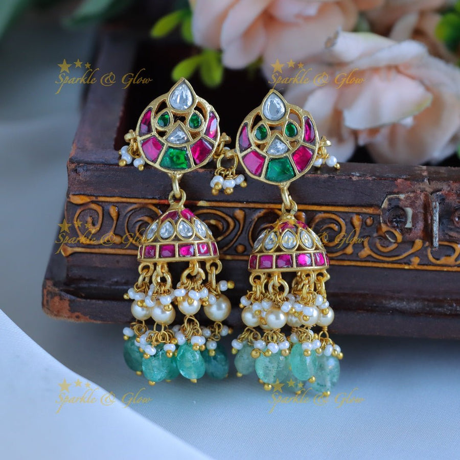 Real Jadau Kundan Moon Floral Jhumukas with pearls and green beads - Sparkle and Glow - 