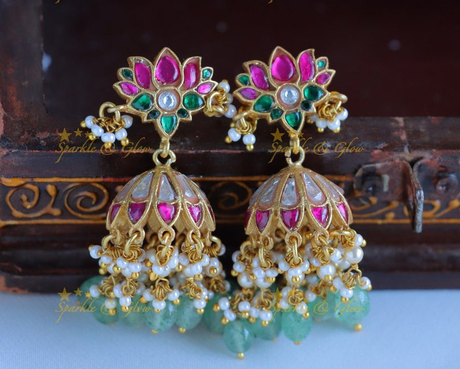 Real Jadau Kundan Lotus Floral Jhumukas with pearls and green beads - Sparkle and Glow - 