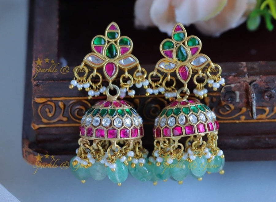 Real Jadau Kundan Flower design jhumukas with green beads - Sparkle and Glow - 