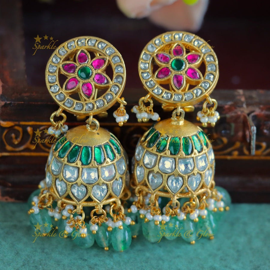 Grand Floral studded Jadau Kundan jhumukas with green beads - Sparkle and Glow - 