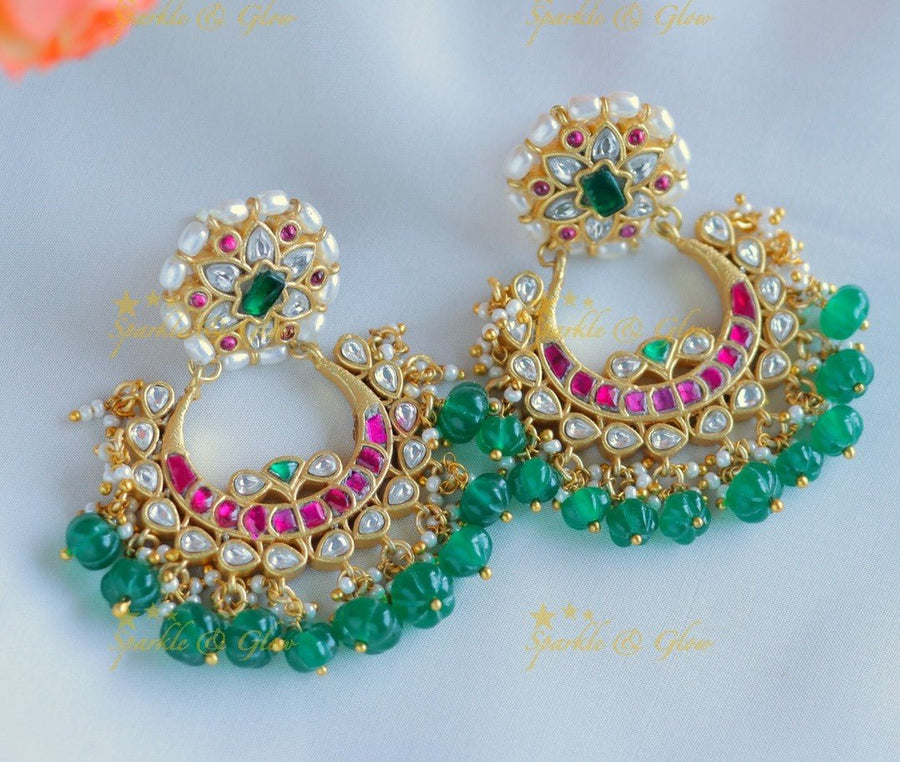 Stunning Floral Moon design Jadau Kundan Chandbali with green beads - Sparkle and Glow - 
