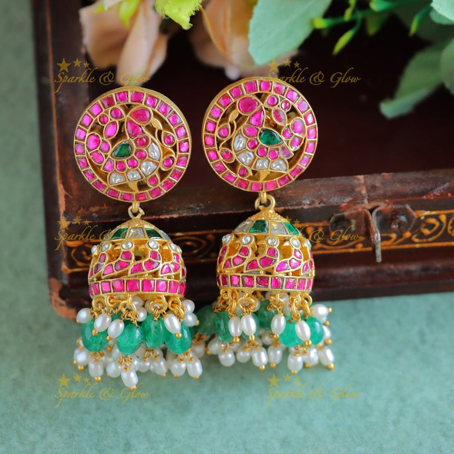 Real Jadau Kundan Peacock studded Jhumukas with Ricepearls and green beads - Sparkle and Glow - 