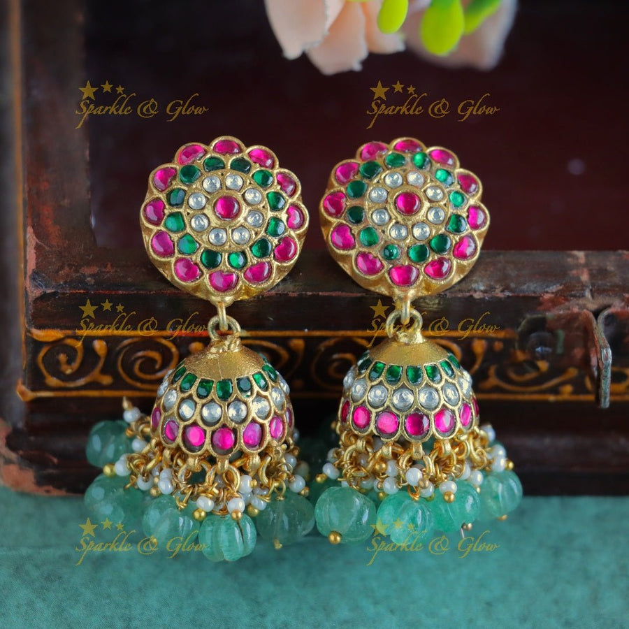 Real Jadau Kundan Sunflower Jhumukas with green beads - Sparkle and Glow - 