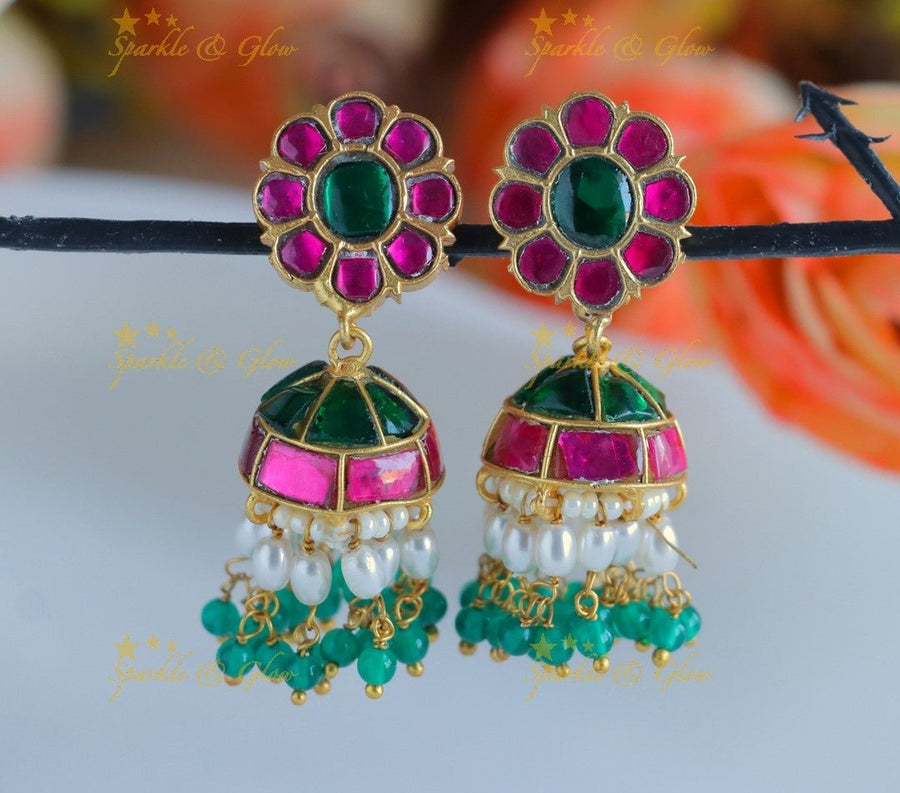 Gracious Flower studded Jadau Kundan Jhumukas - Sparkle and Glow - 