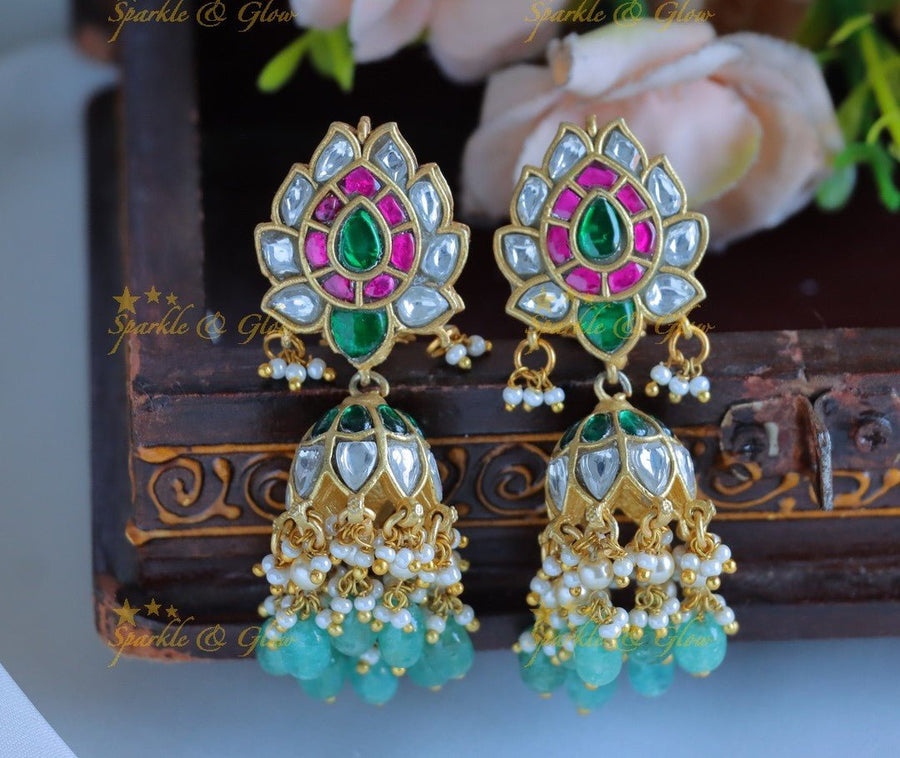 Real Jadau Kundan Oval Floral studded jhumukas with green beads - Sparkle and Glow - 
