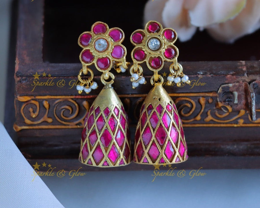 Statement Floral studded Jadau Kundan Jhumukas - Sparkle and Glow - 