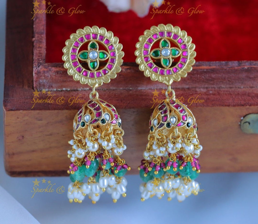 Statement Circle Floral design Jadau Kundan jhumukas with ricepearls - Sparkle and Glow - 