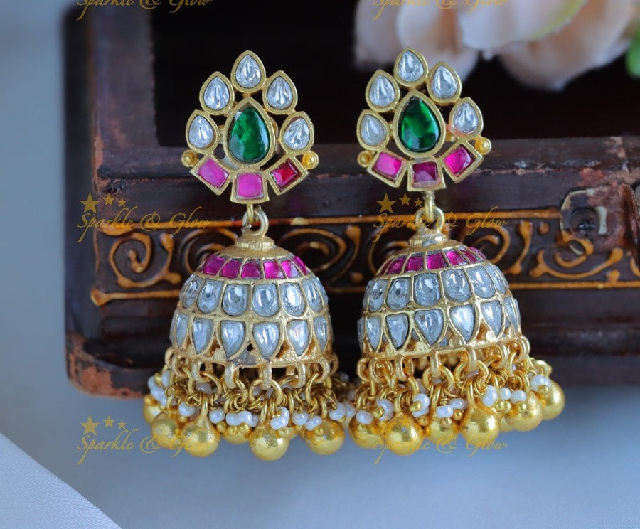 Real Jadau Kundan Oval Flower studded Jhumukas with gold beads - Sparkle and Glow - 