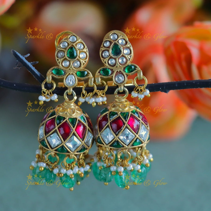 Statement Leaf Floral design Jadau Kundan Jhumukas - Sparkle and Glow - 